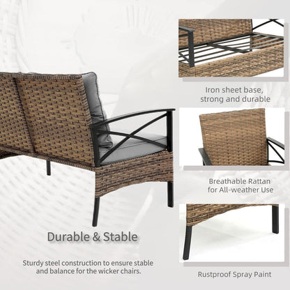 4-Piece Outdoor Patio Rattan Furniture Set, Thick Cushions&Side Table - 1 Table+2 Single chairs+1 Loveseat