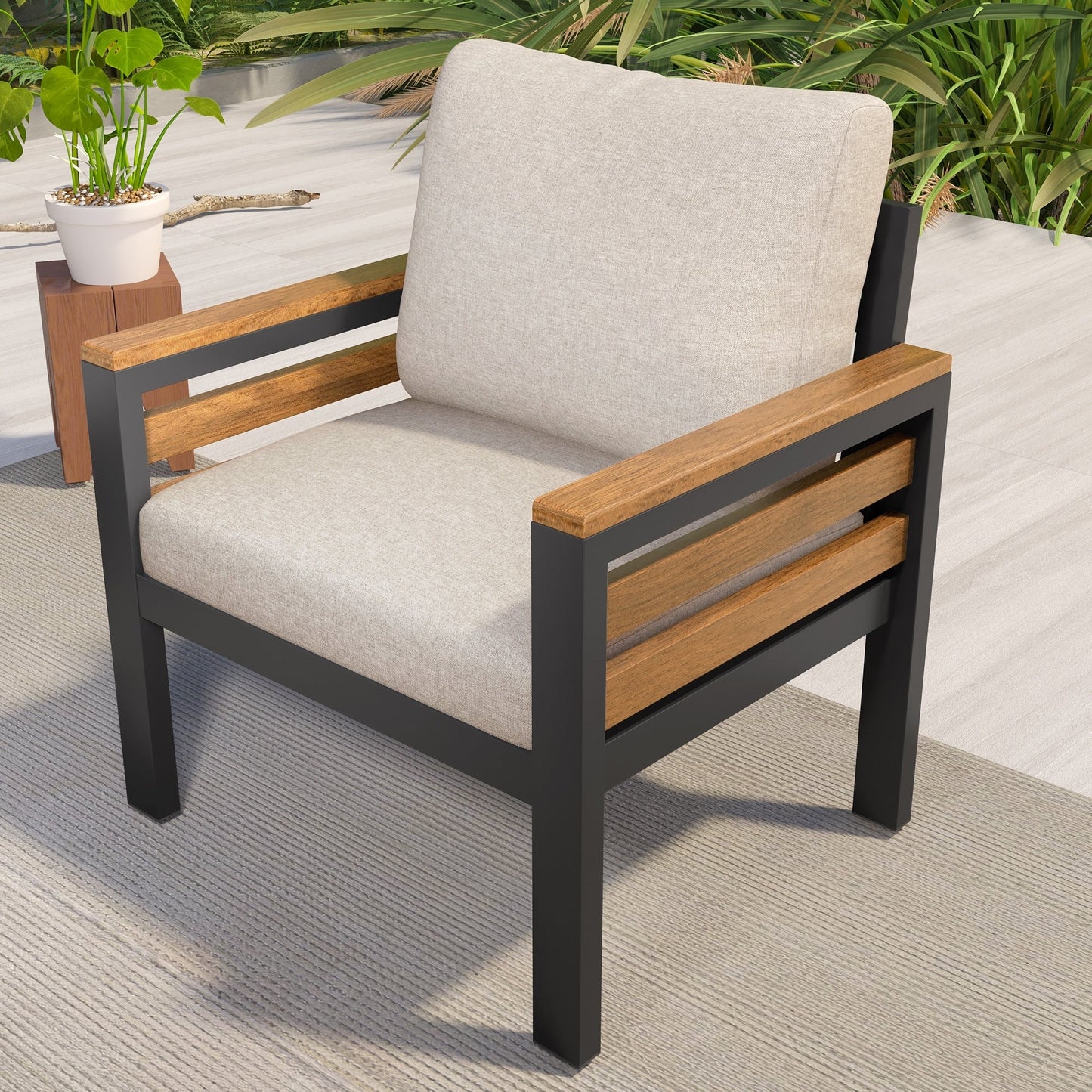 4-Piece Outdoor Sofa Set for 5 People with Removable Cushion & Solid Wood Coffee Table