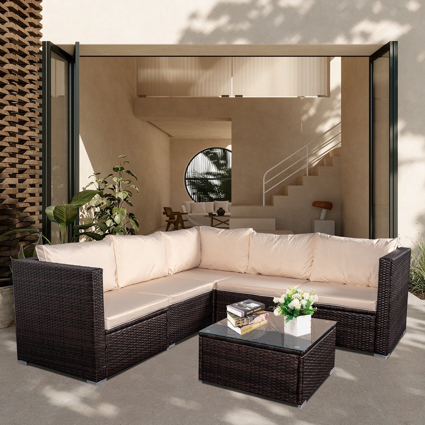 4-Piece Patio Conversation Set Patio Furniture Set With Thick Cushions,Outdoor Sectional Sofa Outdoor Wicker Sofa W Coffee Table