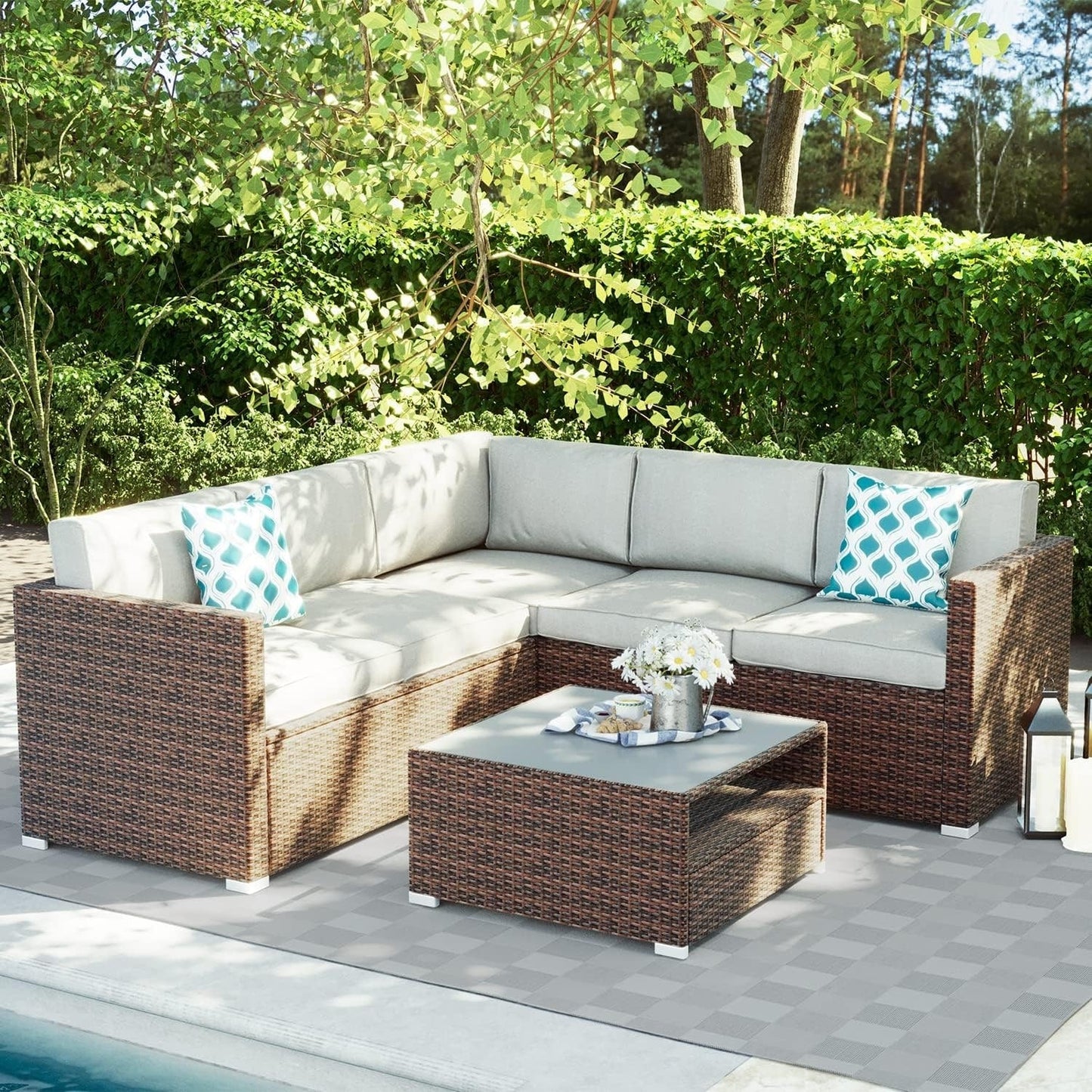 4-Piece Patio Conversation Set Patio Furniture Set With Thick Cushions,Outdoor Sectional Sofa Outdoor Wicker Sofa W Coffee Table