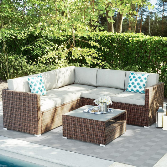 4-Piece Patio Conversation Set Patio Furniture Set With Thick Cushions,Outdoor Sectional Sofa Outdoor Wicker Sofa W Coffee Table