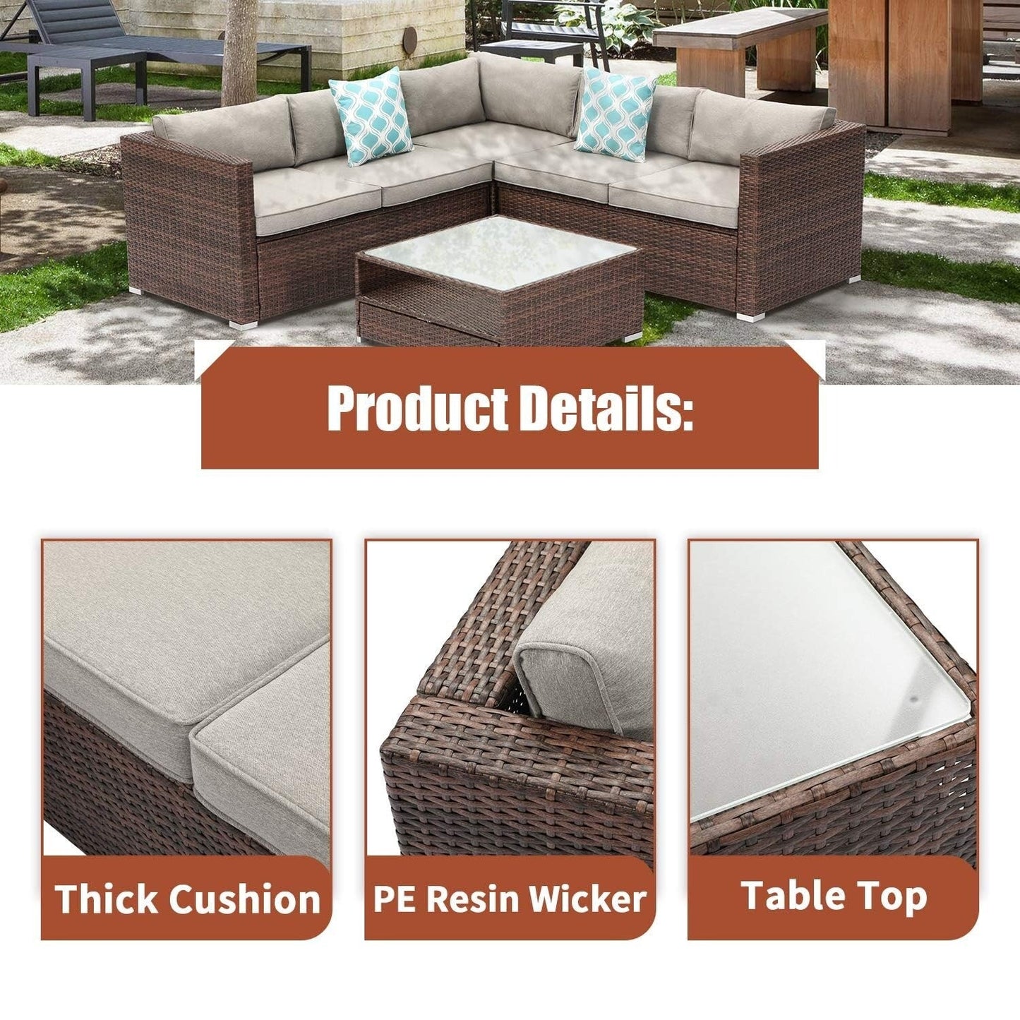 4-Piece Patio Conversation Set Patio Furniture Set With Thick Cushions,Outdoor Sectional Sofa Outdoor Wicker Sofa W Coffee Table