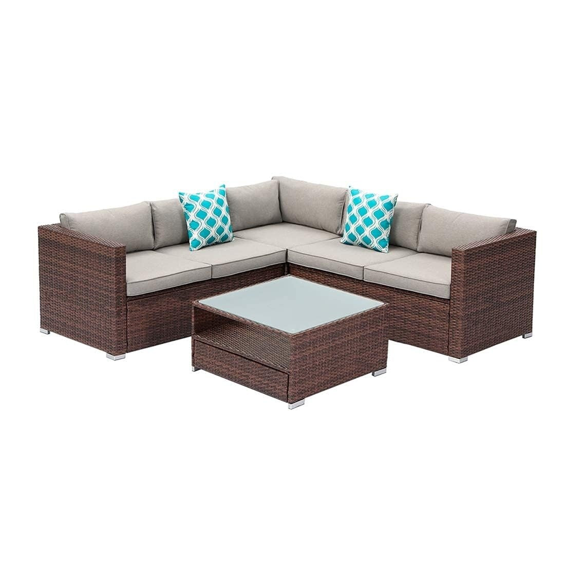 4-Piece Patio Conversation Set Patio Furniture Set With Thick Cushions,Outdoor Sectional Sofa Outdoor Wicker Sofa W Coffee Table