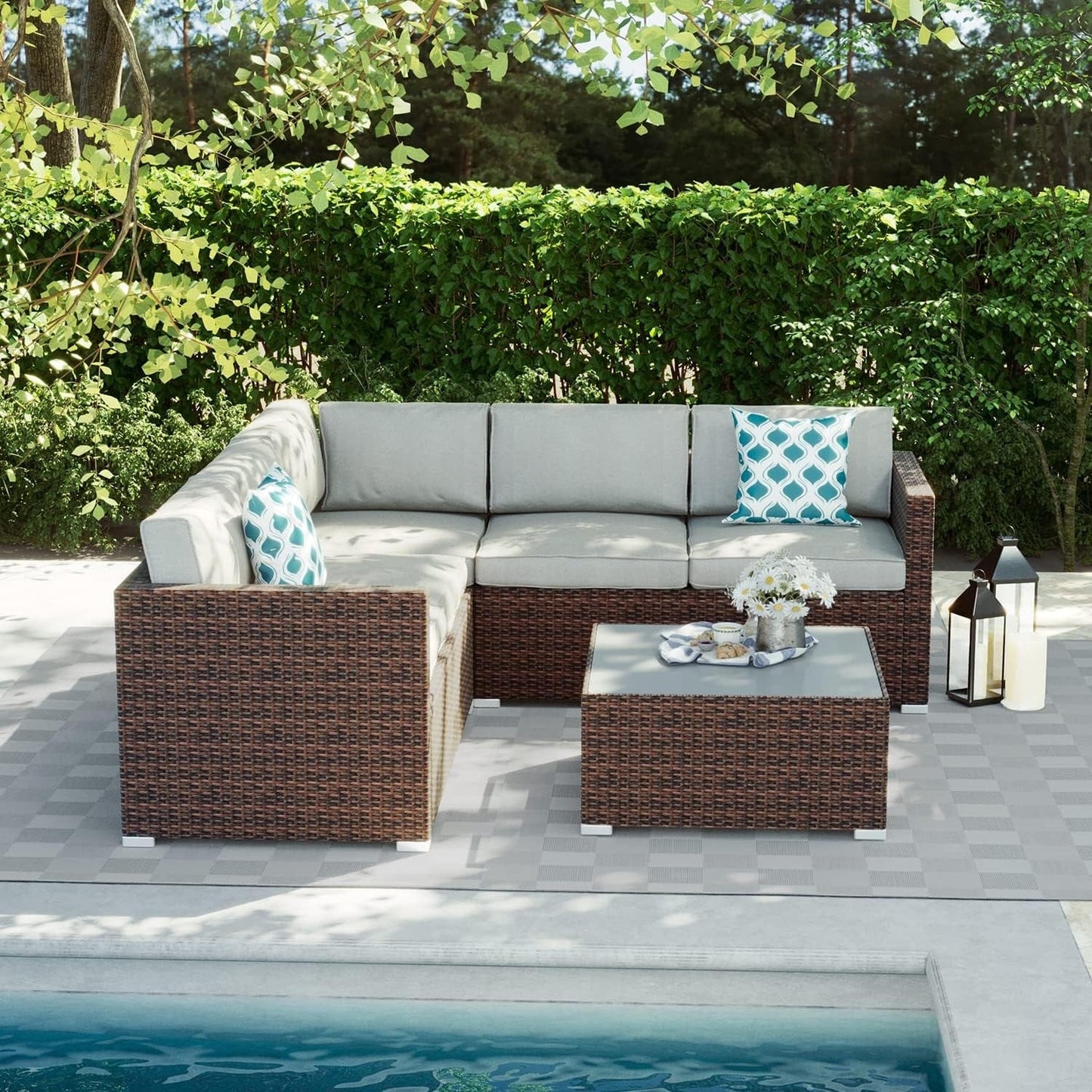 4-Piece Patio Conversation Set Patio Furniture Set With Thick Cushions,Outdoor Sectional Sofa Outdoor Wicker Sofa W Coffee Table