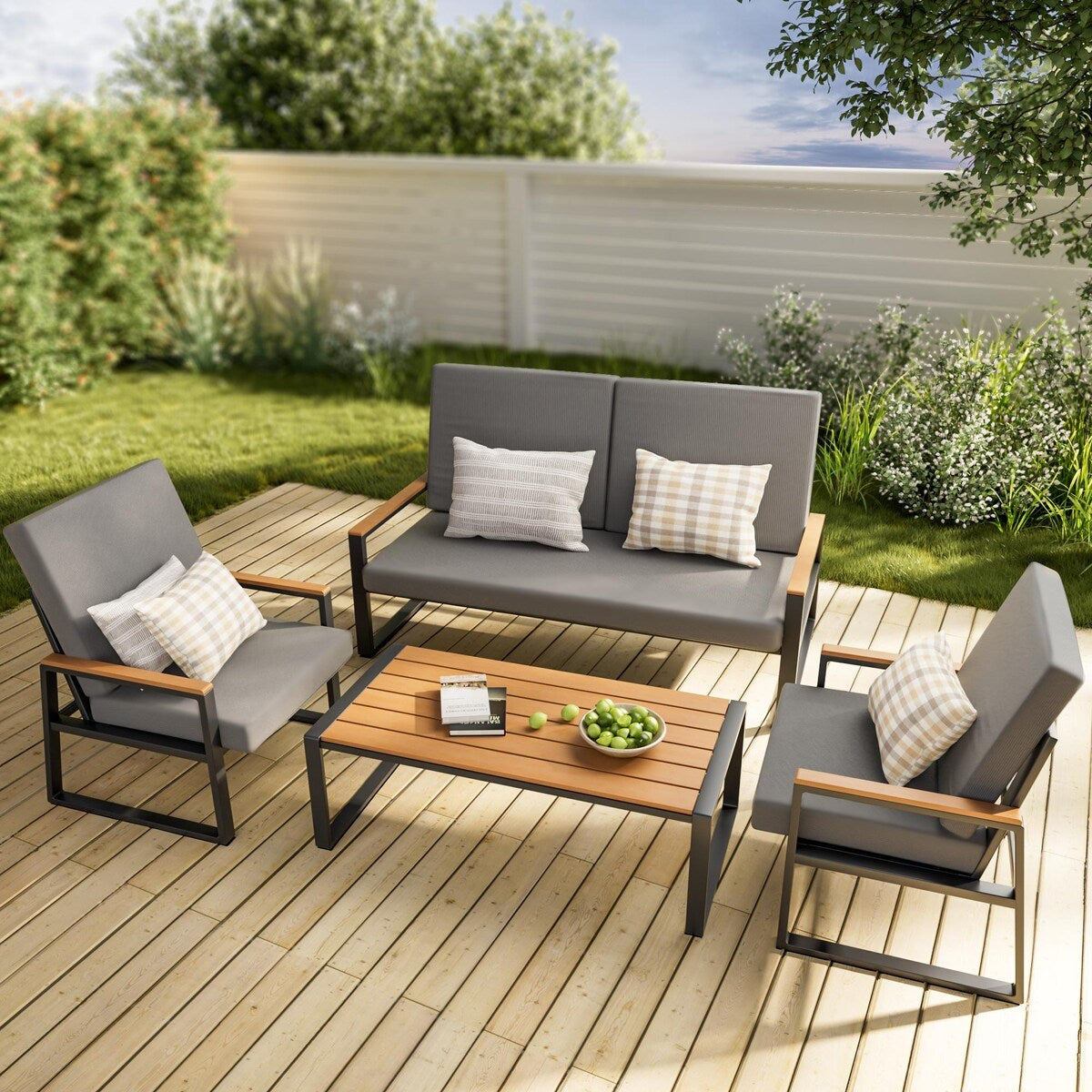 4-Piece Solid Wood Outdoor Patio Lounge Set with Removable Cushion Covers