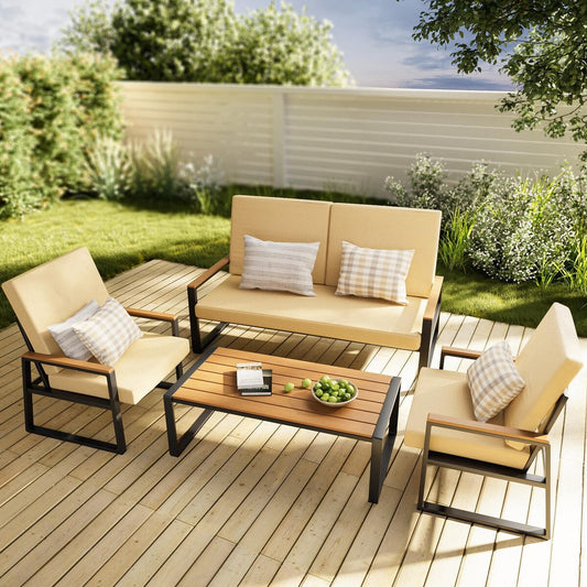 4-Piece Solid Wood Outdoor Patio Lounge Set with Removable Cushion Covers
