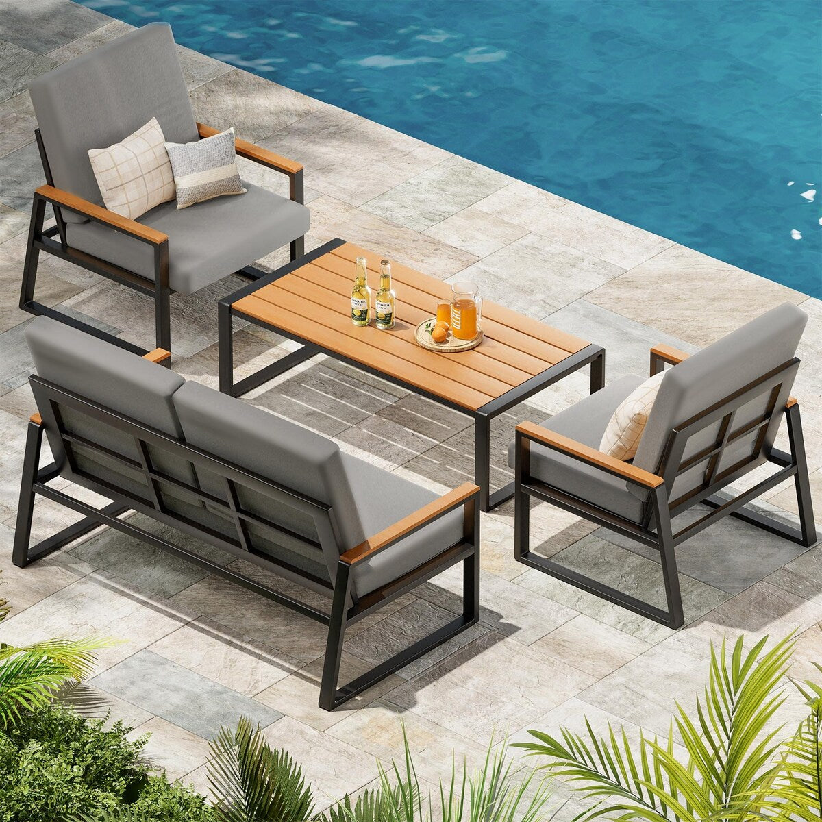 4-Piece Solid Wood Outdoor Patio Lounge Set with Removable Cushion Covers