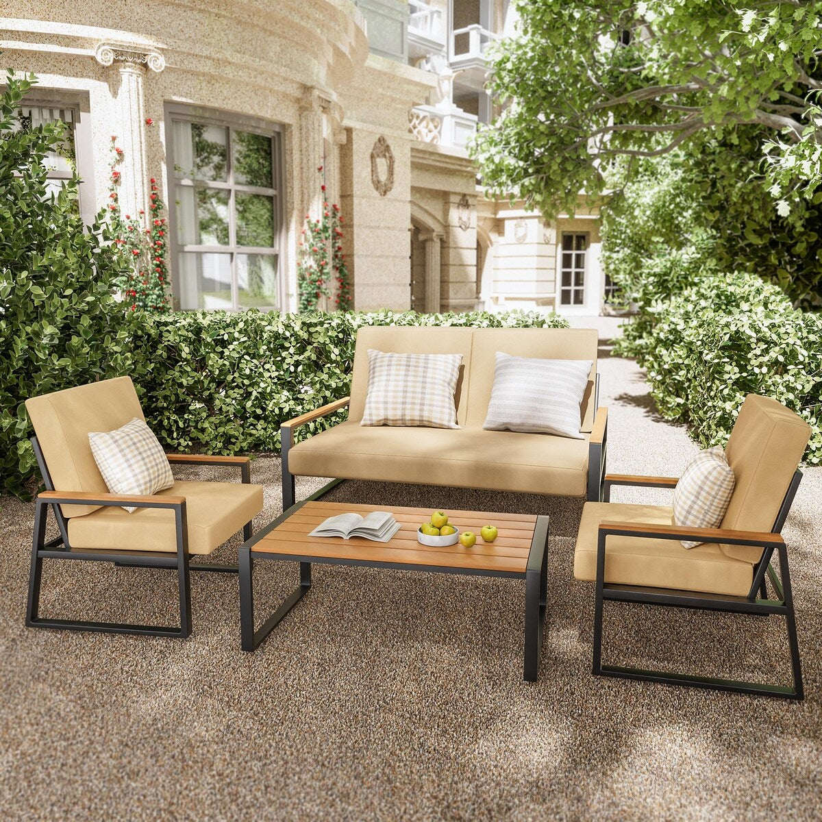 4-Piece Solid Wood Outdoor Patio Lounge Set with Removable Cushion Covers