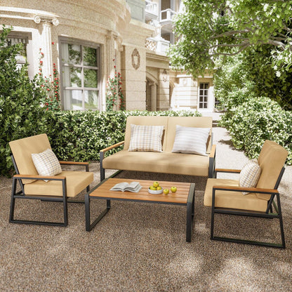 4-Piece Solid Wood Outdoor Patio Lounge Set with Removable Cushion Covers