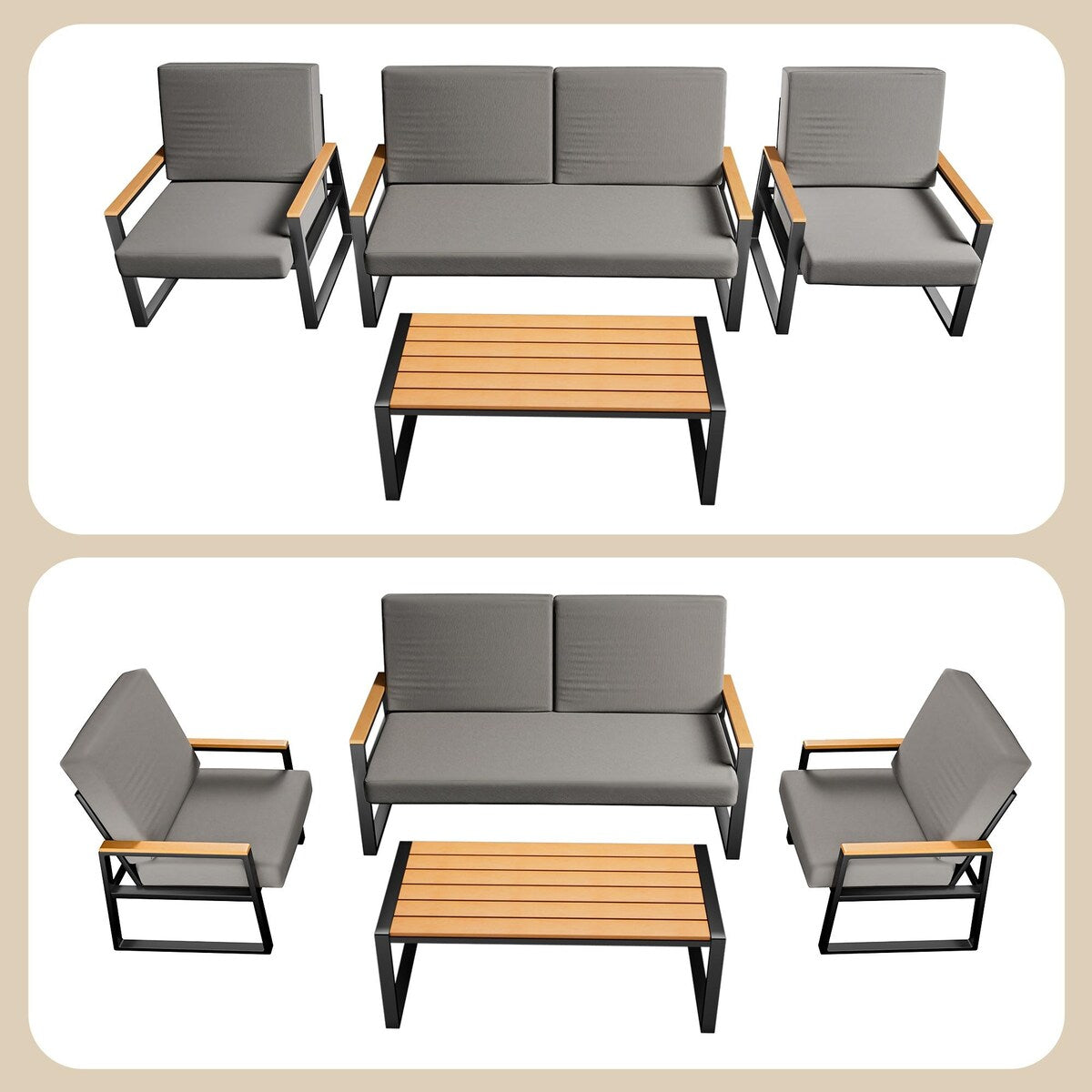 4-Piece Solid Wood Outdoor Patio Lounge Set with Removable Cushion Covers