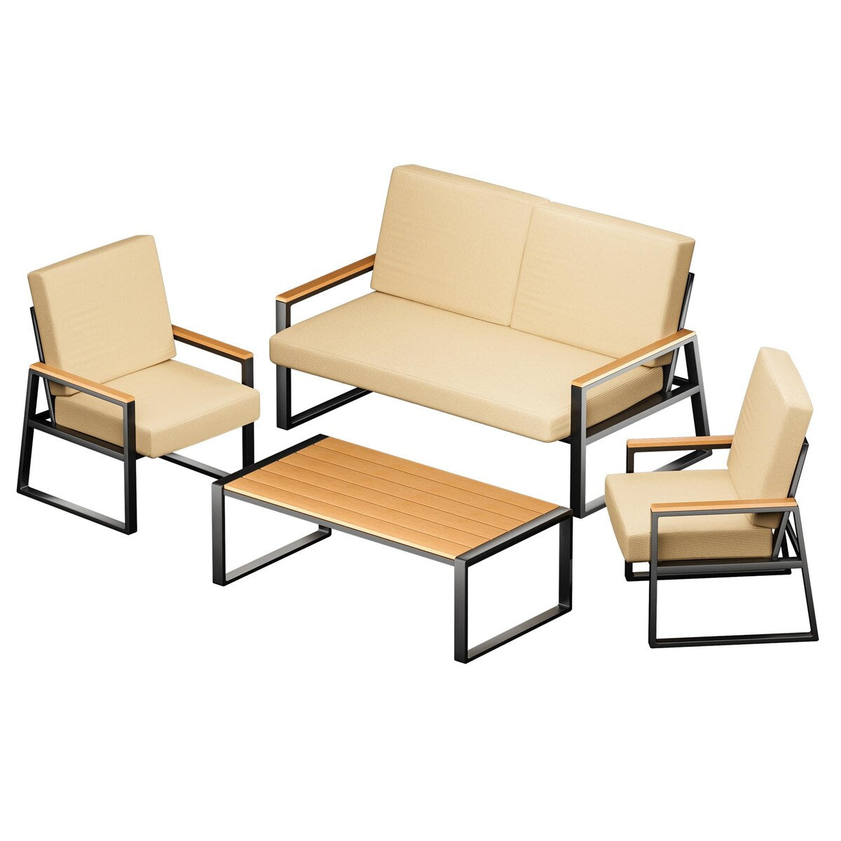 4-Piece Solid Wood Outdoor Patio Lounge Set with Removable Cushion Covers
