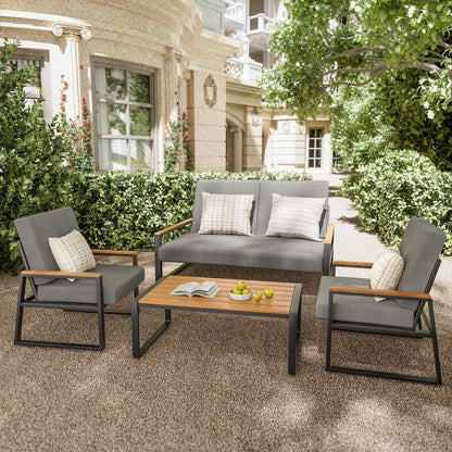 4-Piece Solid Wood Outdoor Patio Lounge Set with Removable Cushion Covers