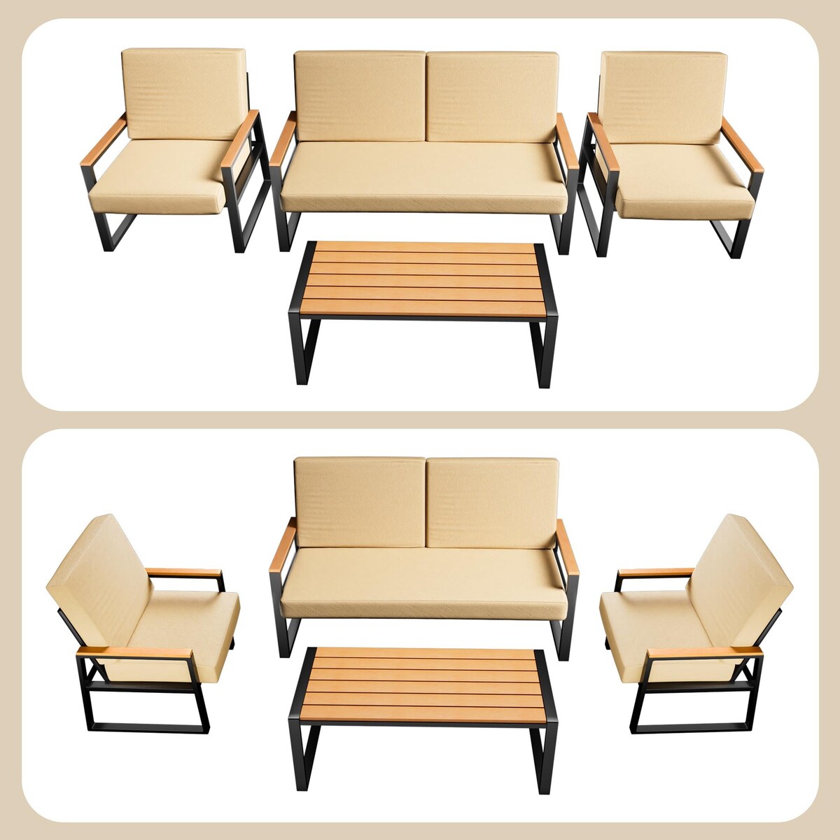4-Piece Solid Wood Outdoor Patio Lounge Set with Removable Cushion Covers