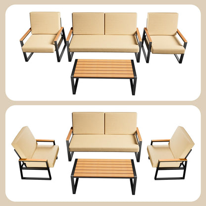 4-Piece Solid Wood Outdoor Patio Lounge Set with Removable Cushion Covers