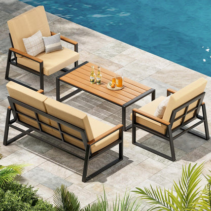 4-Piece Solid Wood Outdoor Patio Lounge Set with Removable Cushion Covers