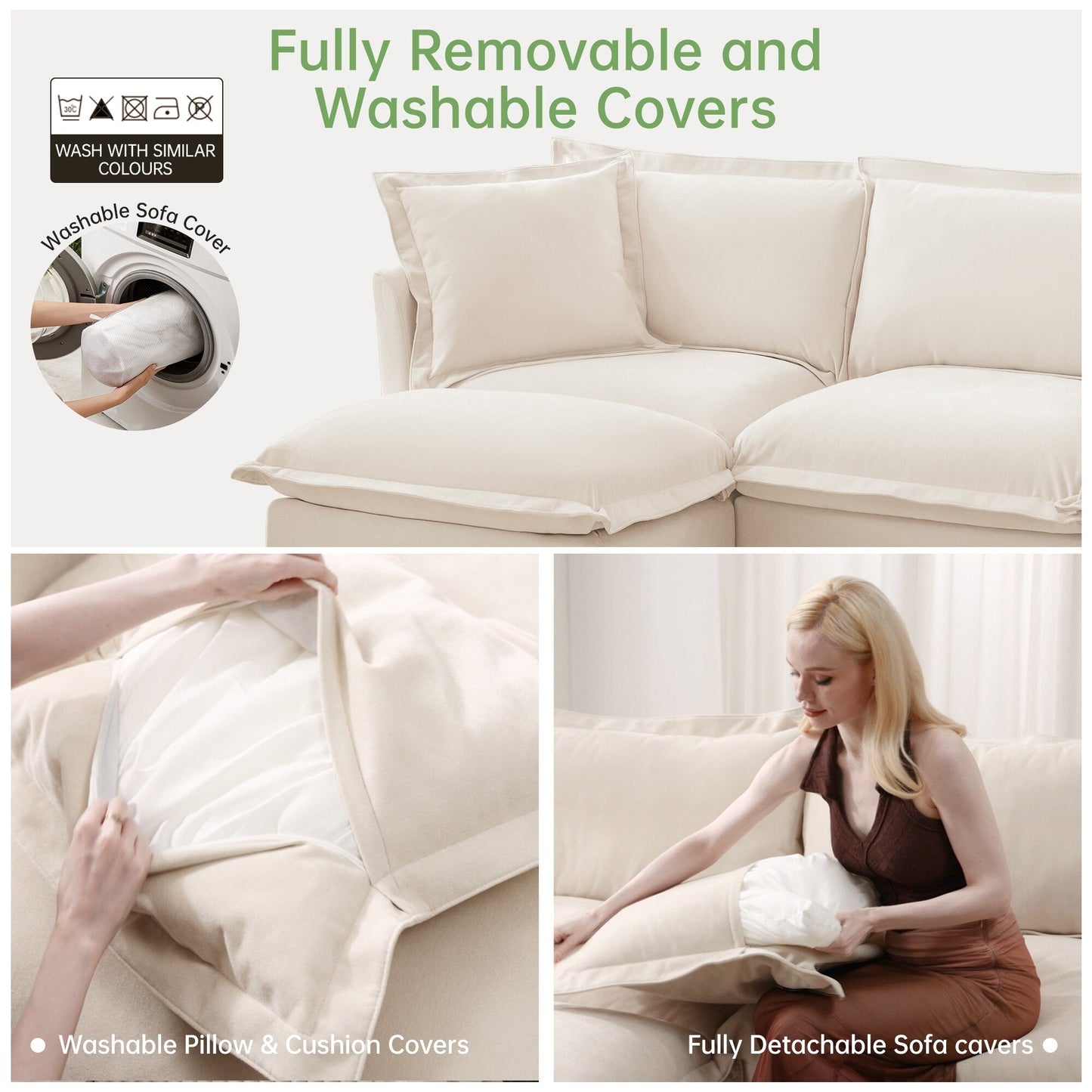 4-Seater Chenille Sofa with Removable Cover for Living Room