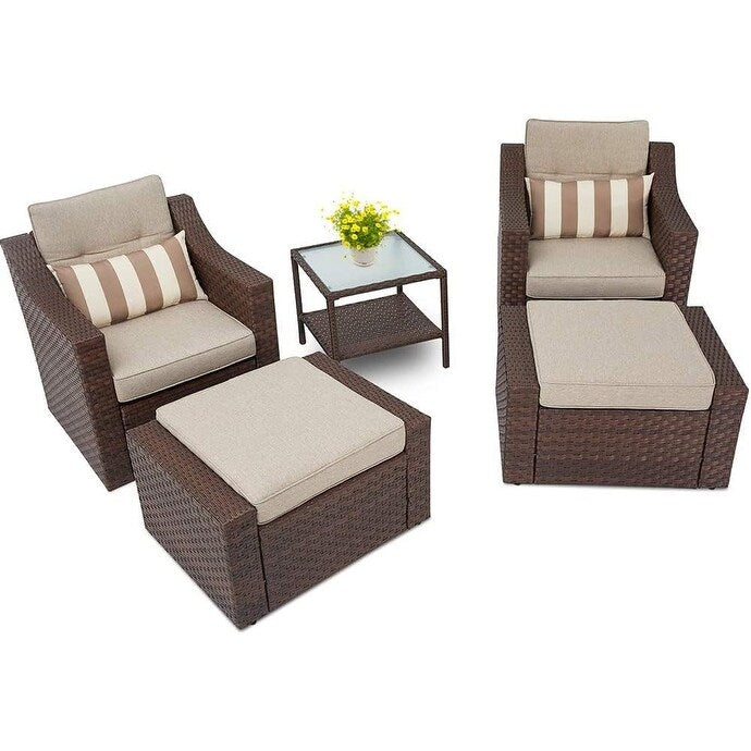 4-piece/5-piece Outdoor Patio Wicker Lounge Chair Conversation Set with Coffee Table and Cushions