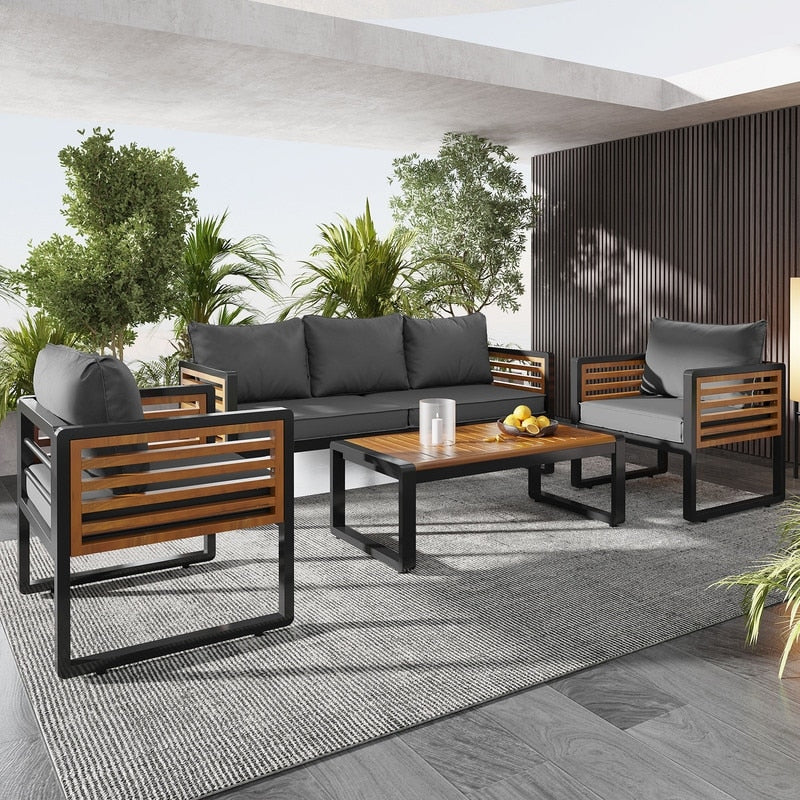 4-pieces Outdoor Furniture Conversation Set, Garden Sofa Set With Removable Cushion