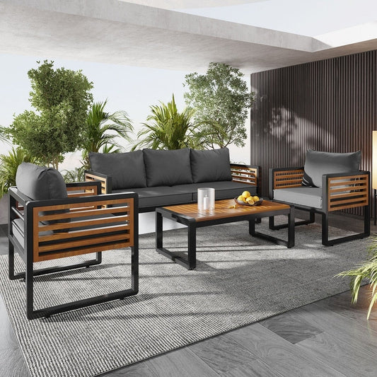 4-pieces Outdoor Furniture Conversation Set, Garden Sofa Set With Removable Cushion