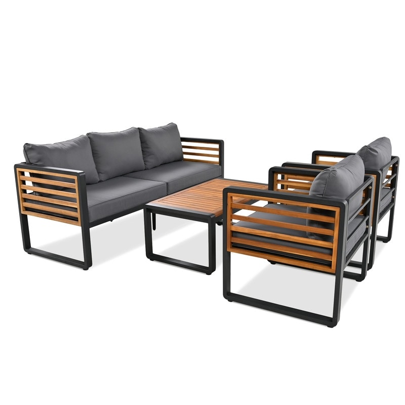 4-pieces Outdoor Furniture Conversation Set, Garden Sofa Set With Removable Cushion