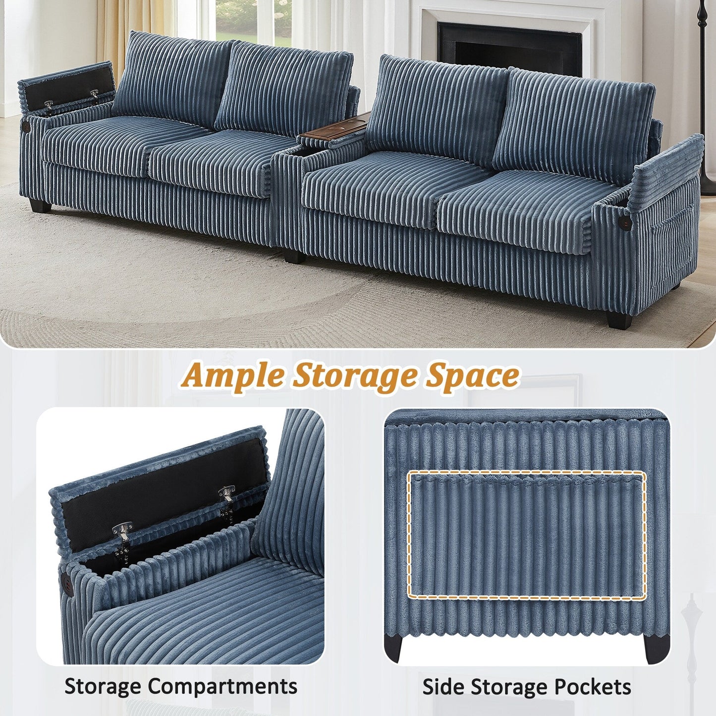 4-seater Corduroy Sofa Couch 133 Modern Sofa with USB Ports, Hidden Storage Arms, Flip-Top Cup Holders for Living Room
