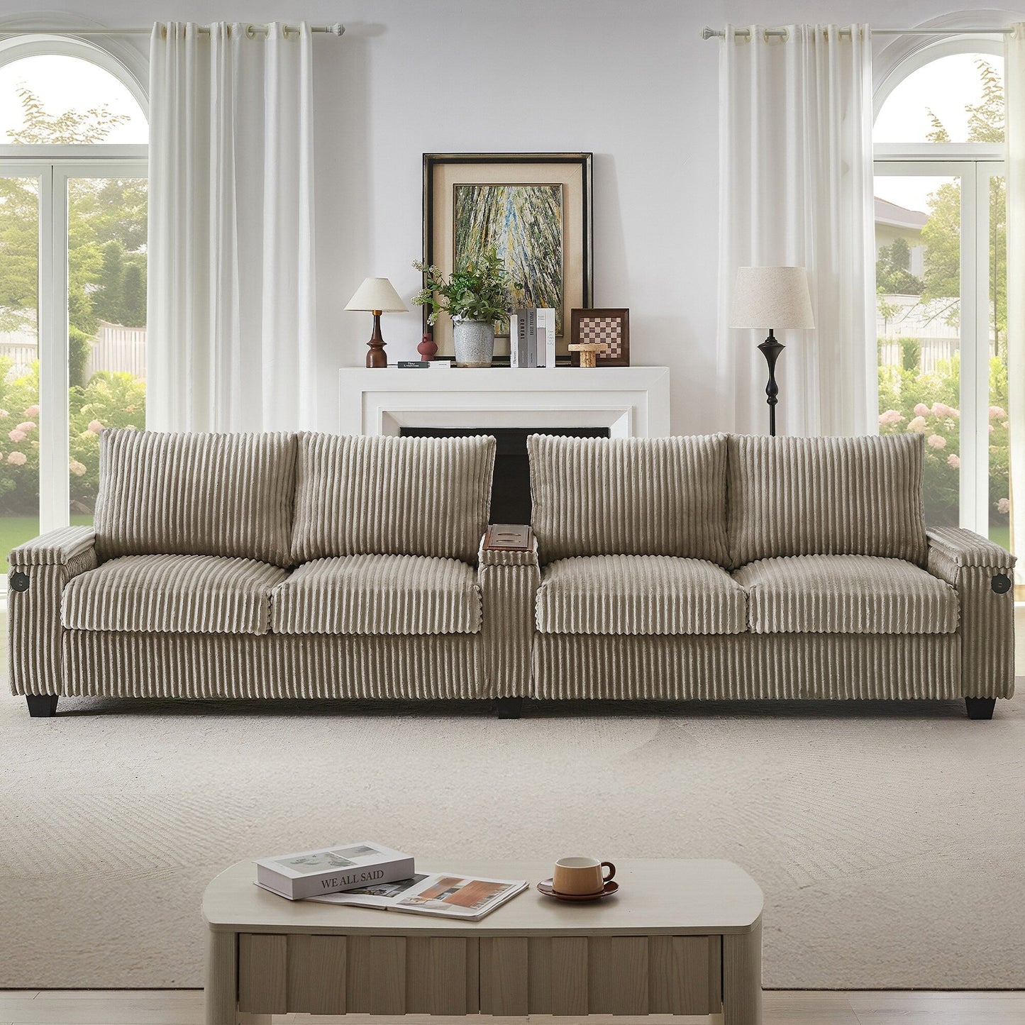4-seater Corduroy Sofa Couch 133 Modern Sofa with USB Ports, Hidden Storage Arms, Flip-Top Cup Holders for Living Room
