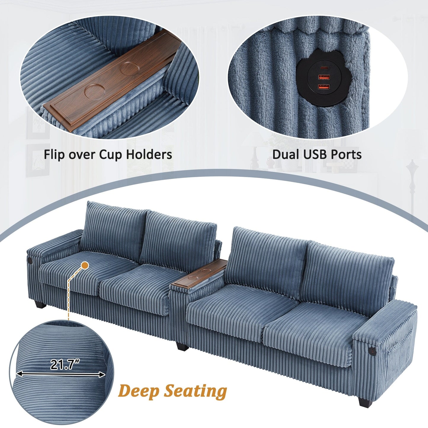 4-seater Corduroy Sofa Couch 133 Modern Sofa with USB Ports, Hidden Storage Arms, Flip-Top Cup Holders for Living Room