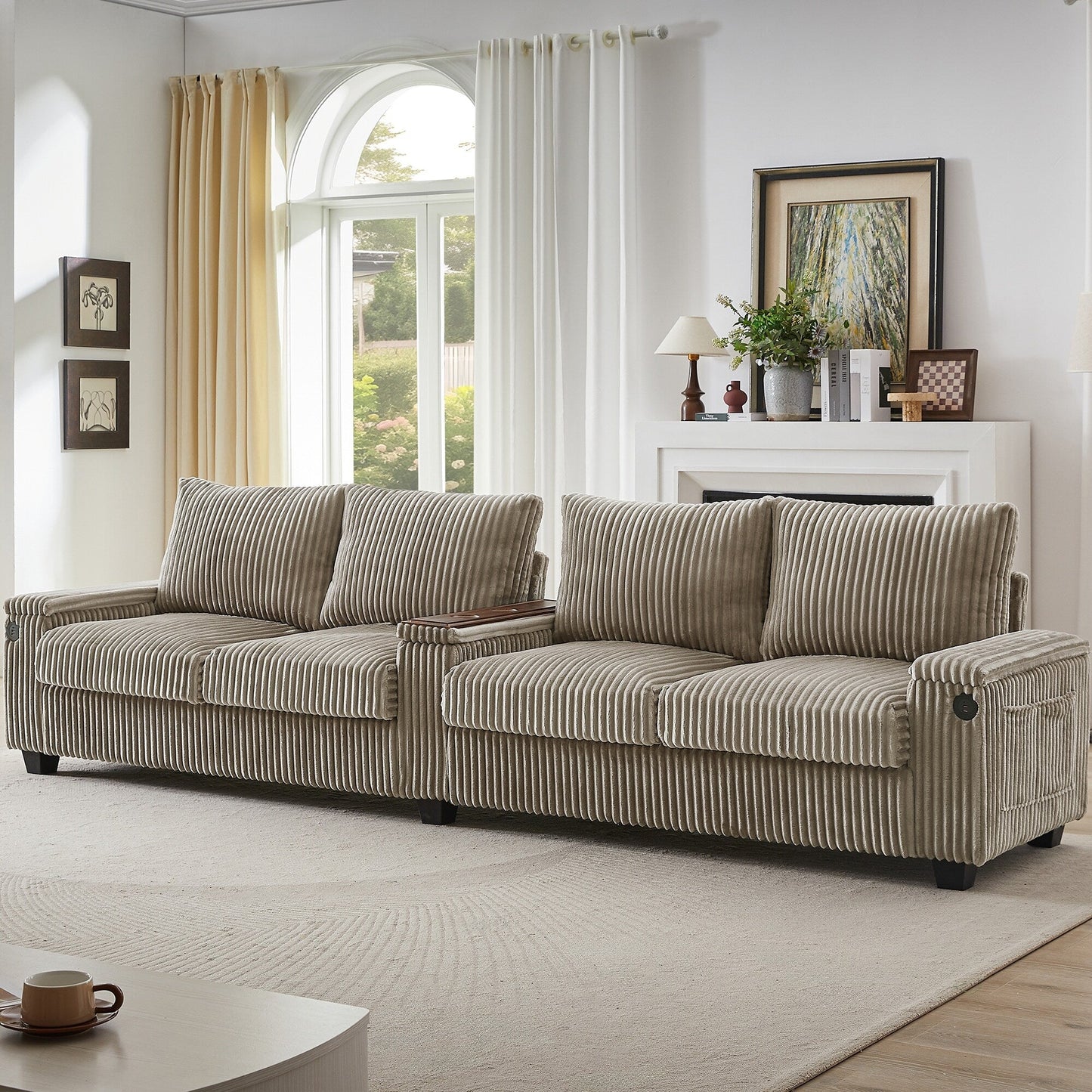 4-seater Corduroy Sofa Couch 133 Modern Sofa with USB Ports, Hidden Storage Arms, Flip-Top Cup Holders for Living Room