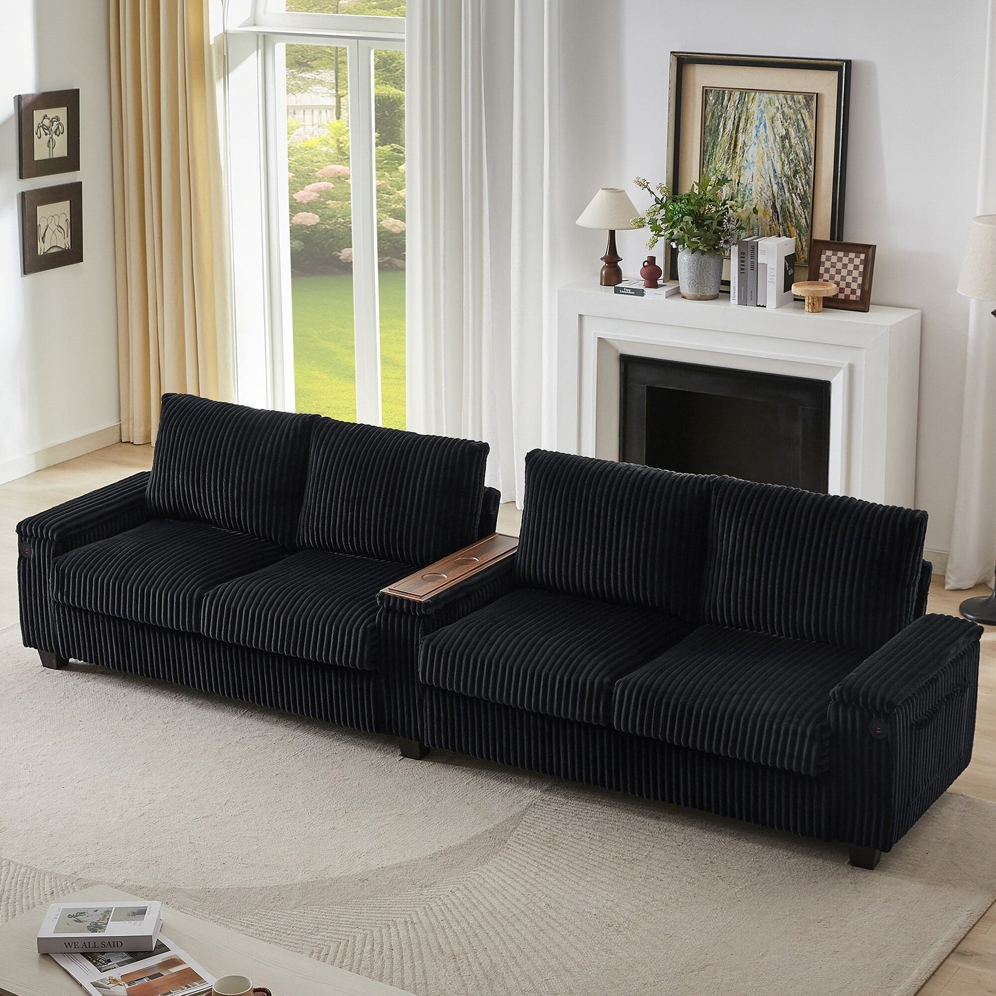 4-seater Corduroy Sofa Couch 133 Modern Sofa with USB Ports, Hidden Storage Arms, Flip-Top Cup Holders for Living Room
