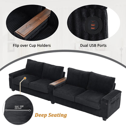 4-seater Corduroy Sofa Couch 133 Modern Sofa with USB Ports, Hidden Storage Arms, Flip-Top Cup Holders for Living Room