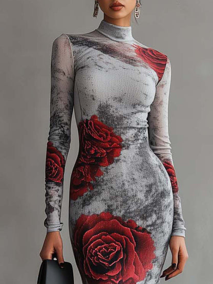 Light Gray Stretch-knit Bodycon Dress With Gradient Roses