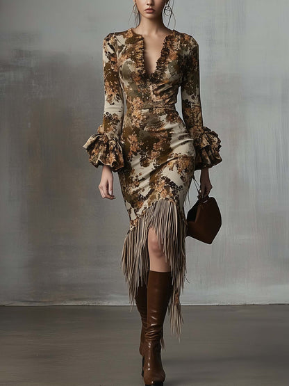 Beige Midi Bodycon Dress With Brown Fashion Camouflage And Tassels