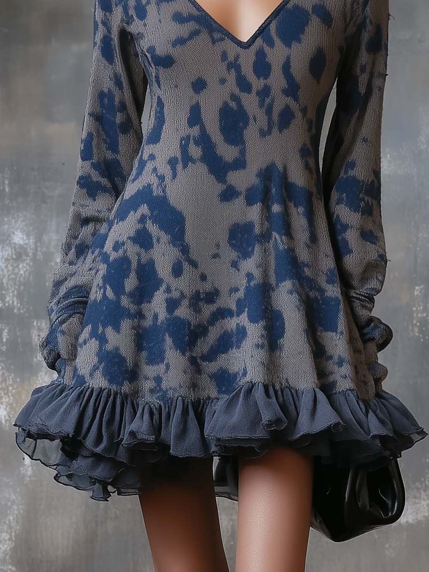 Gray Knitted Mini Dress With Dark Blue Camouflage And Ruffles