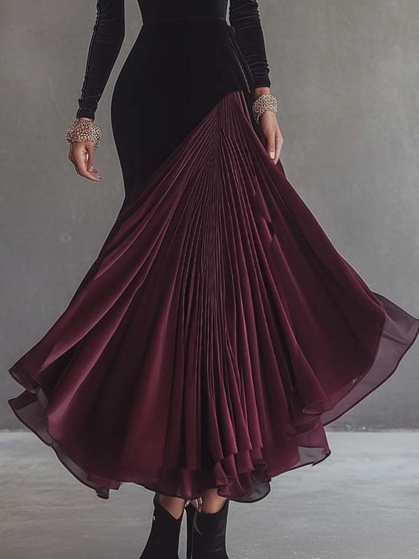 Cold Shoulder Stitching Burgundy Black Velvet Maxi Dress
