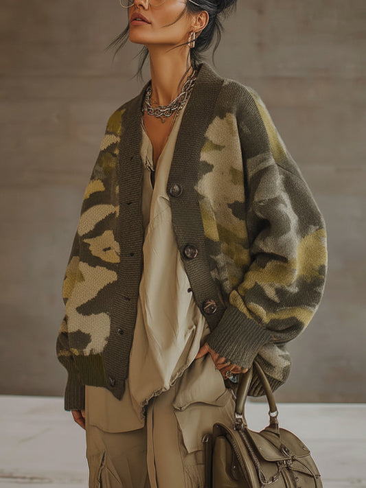 Olive Green Oversized Camouflage Knit Button Down Cardigan