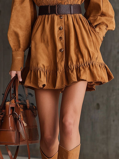 Brown Suede Ruffle Trimmed Belted Long Sleeve Mini Dress