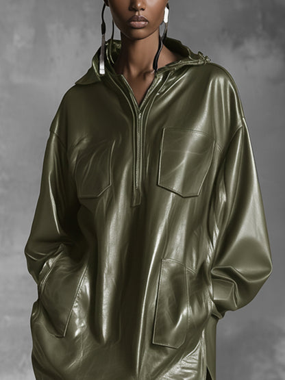 Olive Green Faux Leather Hooded Dress With Pockets