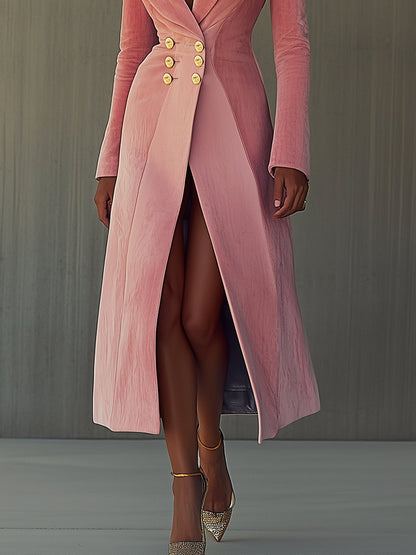 Pink Velvet And Gold Double-breasted Long Coat