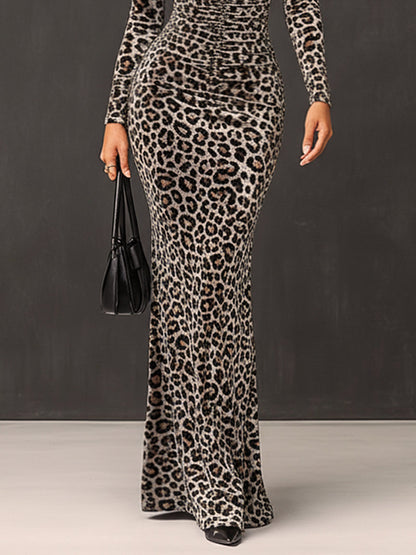Taupe Leopard Velvet Keyhole High Neck Long Sleeve Maxi Dress