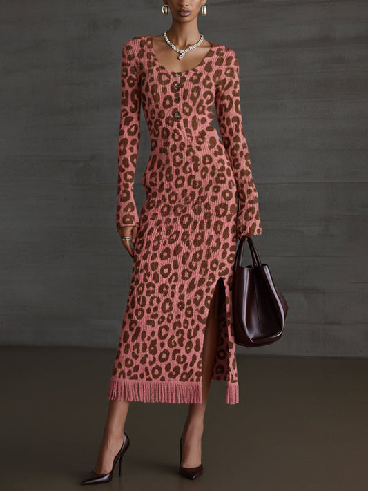 Pink Leopard Knit Button Front Long Sleeve Bodycon Dress