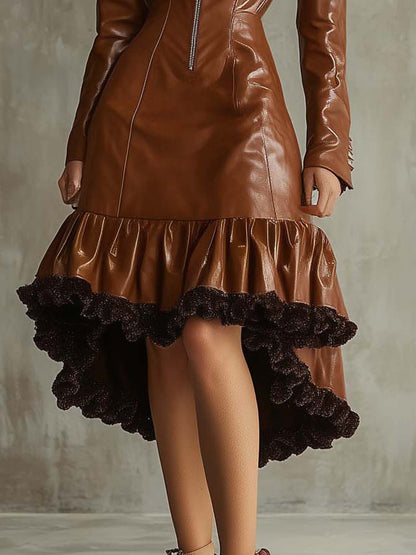 Brown Faux Leather Midi Dress With Ruffled Irregular Hem