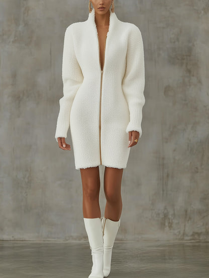 White Lambswool Zip-Front Dress