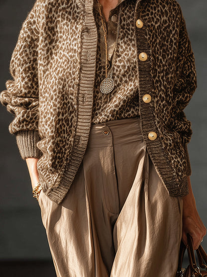 Chocolate Leopard Print Knit Lapel Button Down Cardigan