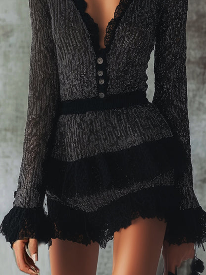 Black Lace Print V-neck Mini Dress