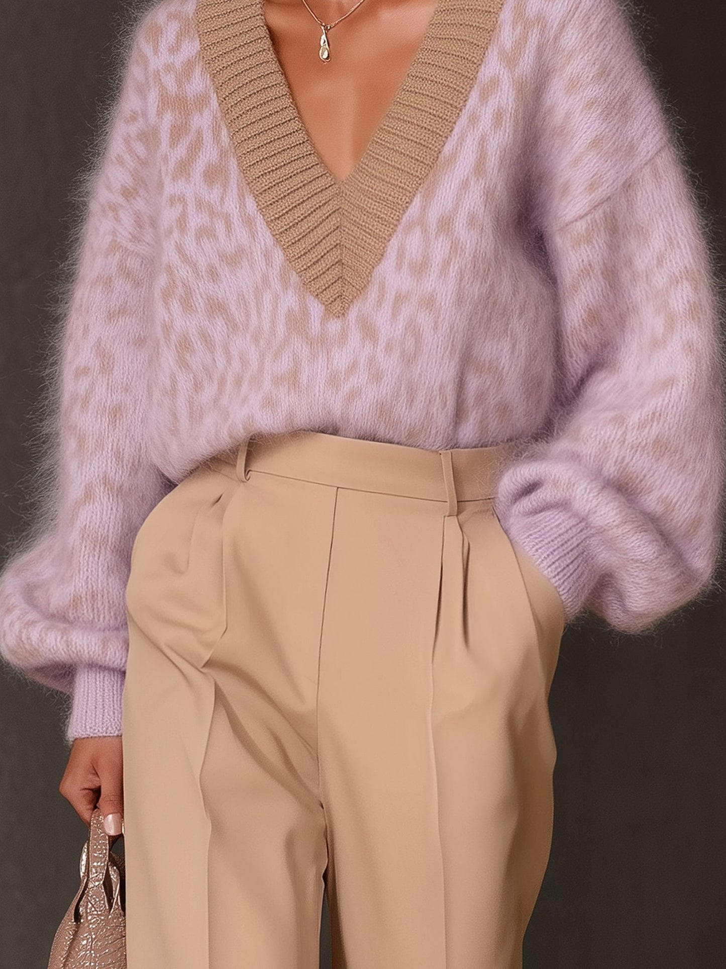 Lilac Leopard Print Mohair V-Neck Pullover