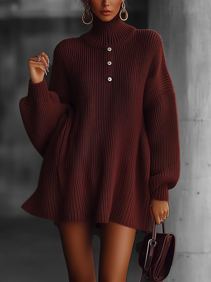 Claret Oversized Ribbed Knit Sweater Dress With Button Detail