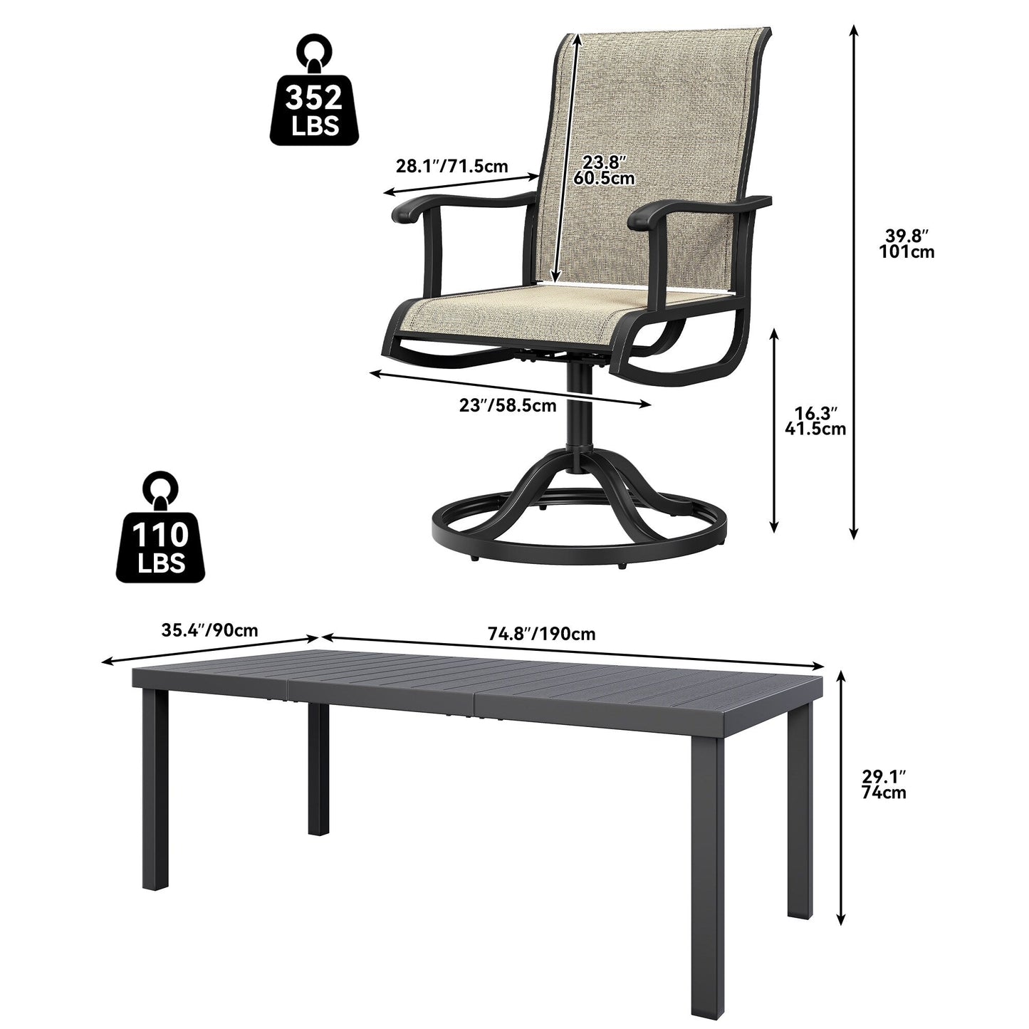 5/7/9 PCS Outdoor Dining Sets with 28W Textilene Swivel Chairs, Table