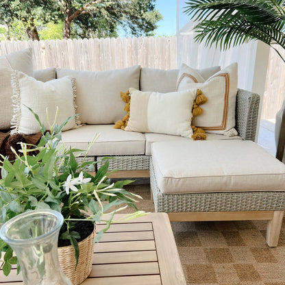 MAISON ARTS 5-Piece Outdoor Rattan & Acacia Wood Sectional Sofa Set, Patio Wicker Conversation Set with Coffee Table