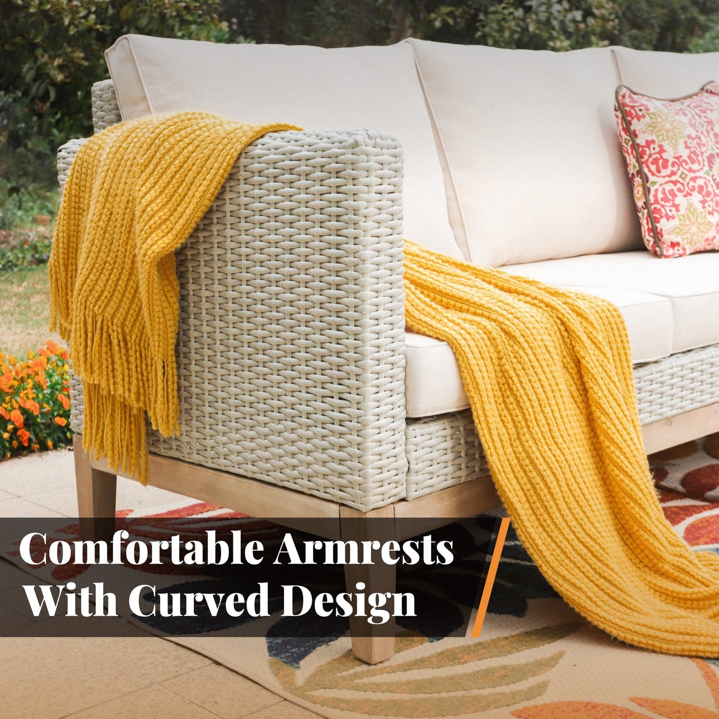 MAISON ARTS 5-Piece Outdoor Rattan & Acacia Wood Sectional Sofa Set, Patio Wicker Conversation Set with Coffee Table