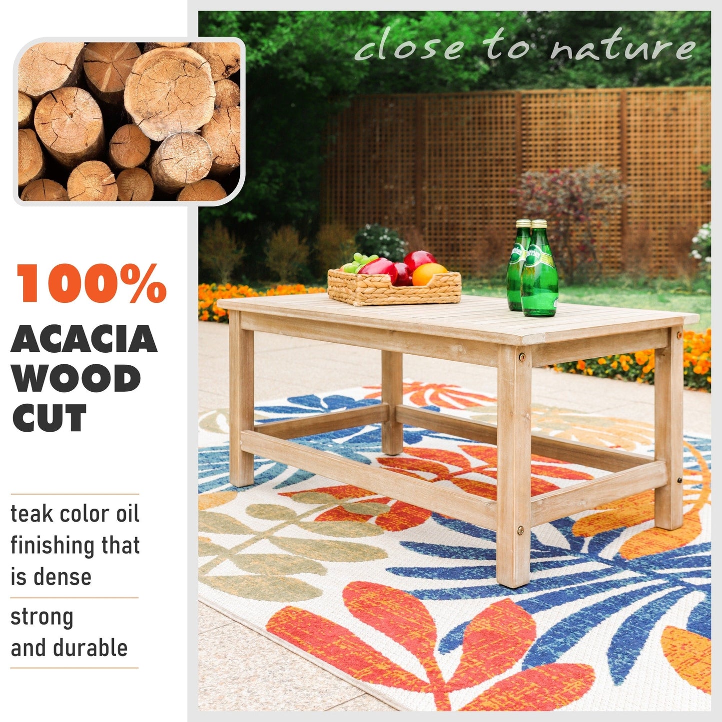 MAISON ARTS 5-Piece Outdoor Rattan & Acacia Wood Sectional Sofa Set, Patio Wicker Conversation Set with Coffee Table